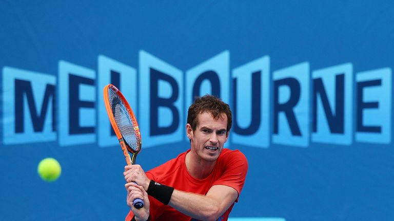Andy Murray of Great Britain hits a backhand during a practice session ahead of the 2014 Australian Open at Melbourne Park