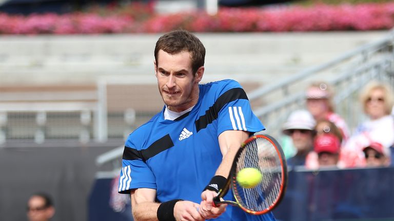 Andy Murray of Great Britain plays a backhand during day one of the Davis Cup World Group tie against USA