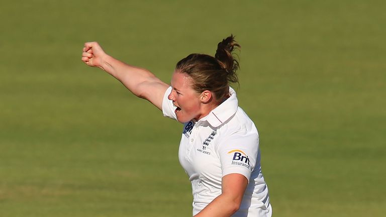 Anya Shrubsole of England celebrates the wicket of Elyse Villani of Australia during day one of the Women's Ashes Test match. Jan 10 2014.
