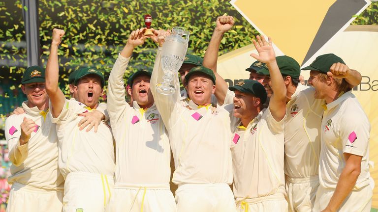 Australia celebrate with the trophy after winning the test and the series 5-0 during day three of the fifth Ashes Test. Jan 5 2014.