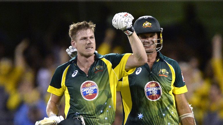 BRISBANE, AUSTRALIA - JANUARY 17:  James Faulkner and Clint McKay of Australia celebrate victory after the second game of the One Day International Series 