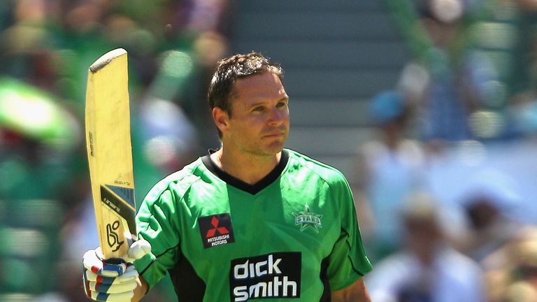 Brad Hodge celebrates his half-century during the Big Bash League match between the Melbourne Stars and the Perth Scorchers