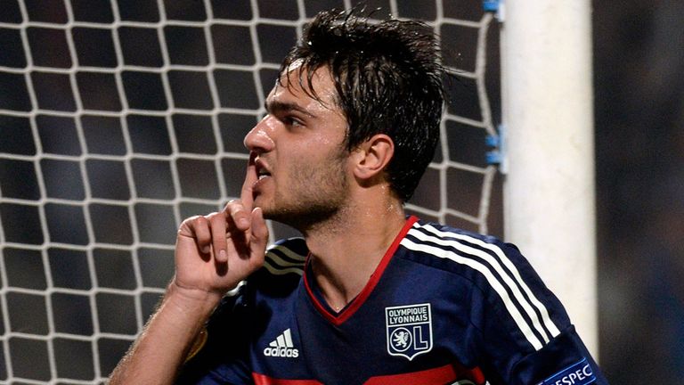 Lyon's French midfielder Clement Grenier reacts after scoring during the UEFA Europa League group