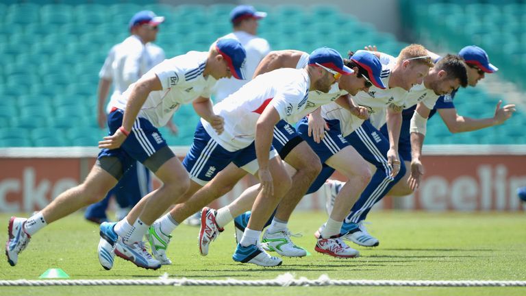 Joe Root, Matt Prior, captain Alastair Cook, Ben Stokes and James Anderson of England run sprints during a nets session at the Sydney Cricket Ground