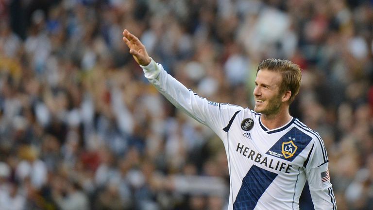 Picture taken on December 1, 2012 of David Beckham saluting the fans after the Los Angeles Galaxy beat Houston Dynamo 3-1 in the Major League Soccer