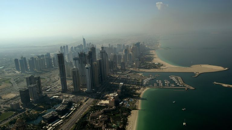 An aerial view shows the coastline of the Gulf emirate of Dubai on December 17, 2009. Dubai faces financial difficulties due to debts estimated at between 