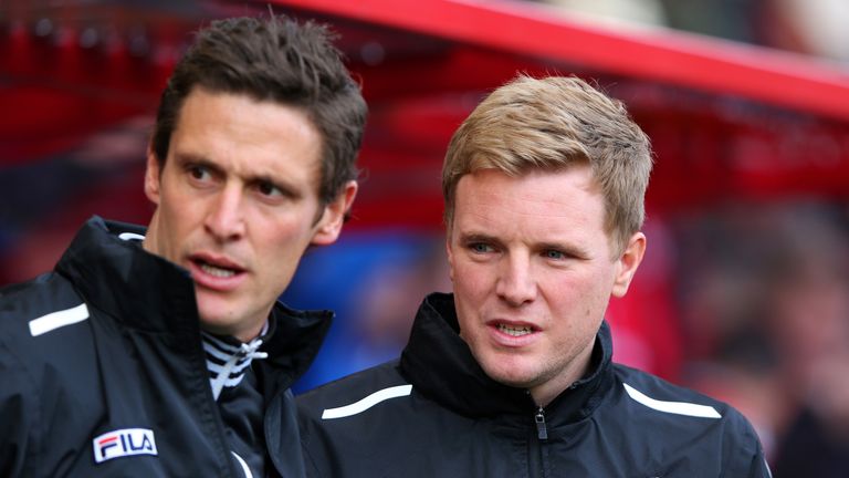 BOURNEMOUTH, ENGLAND - JANUARY 25:  Manager Eddie Howe of Bournemouth (R) and Jason Tindall look on during the FA Cup Fourth Round match against Liverpool