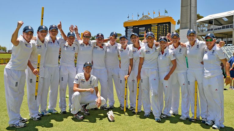 The England team pose for a photo after winning the Ashes Test against Australia on day four at the WACA