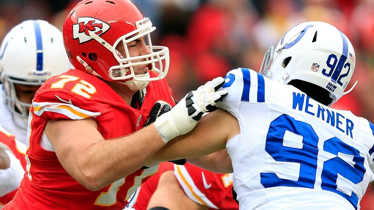 Offensive tackle Eric Fisher of the Kansas City Chiefs blocks Bjoern Werner of the Indianapolis Colts