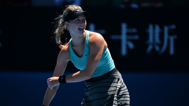 Canada's Eugenie Bouchard reacts during her women's singles match against Serbia's Ana Ivanovic on day nine at the 2014 Australian Open