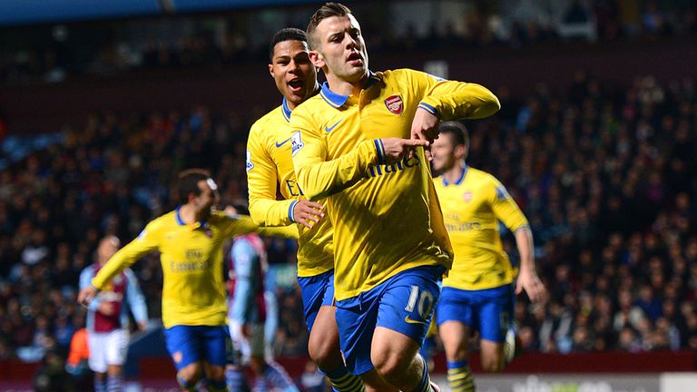 BIRMINGHAM, ENGLAND - JANUARY 13:  Jack Wilshere of Arsenal ceelbrates scoring the opening goal with Serge Gnabry