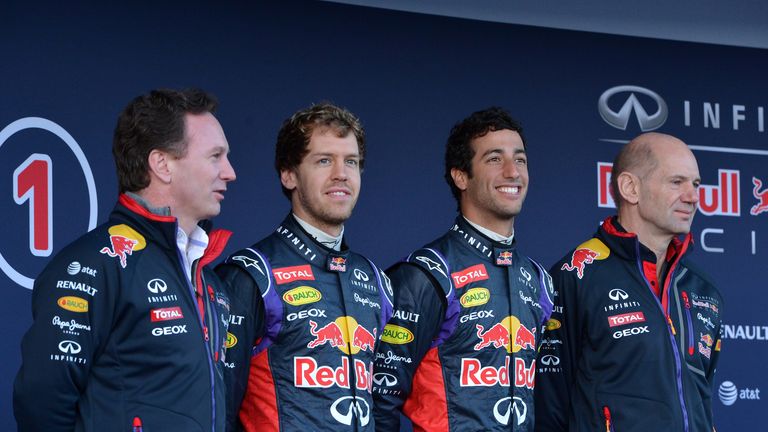 Christian HornerSebastian Vettel, Daniel Ricciardo and Adrian Newey at the RB10 launch