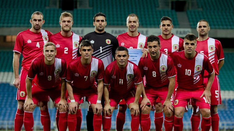 The team of Gibraltar lines up prior to start the international friendly match between Gibraltar and Slovakia at Estadio do 