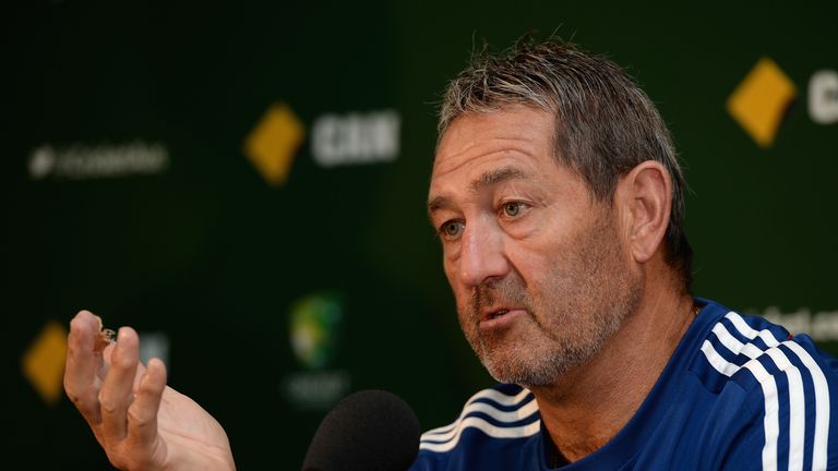  England batting coach Graham Gooch speaks during a press conference at Adelaide Oval