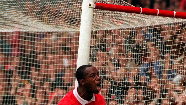 Ian Wright celebrates after scoring for Arsenal against Crystal Palace at Highbury, 1 October 1994. It was Wright's 100th goal for the club.
