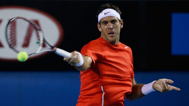 Juan Martin del Potro plays a forehand during his second-round match against Roberto Bautista Agut. Jan 16 2014.