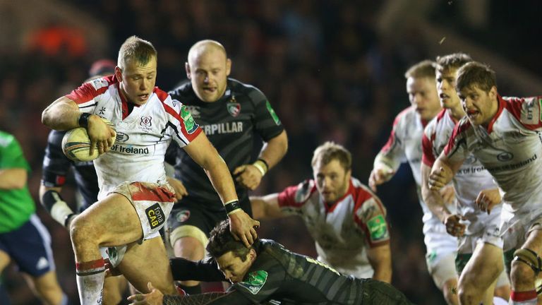 Luke Marshall of Ulster runs clear of Leicesters Anthony Allen during Heineken Cup clash at Welford Road