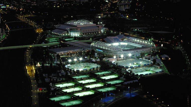 A general nightime view of the outside courts and the Rod Laver Arena at the Australian Open