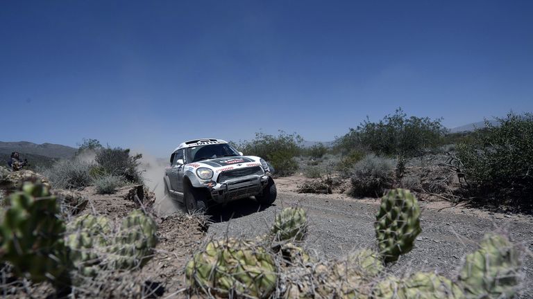 Mini driver Nasser Al-Attiyah of Qatar competes during the 2014 Dakar Rally Stage 3 between San Rafael and San Juan, Argentina, on January 7, 2014.