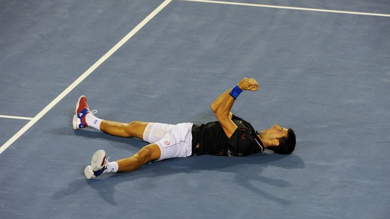 Novak Djokovic celebrates his victory over Rafael Nadal in the men's final at the 2012 Australian Open