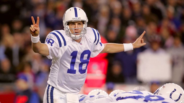 Peyton Manning: Indianapolis Colts QB calls signals during win over New England Patriots. Gillette Stadium, Foxborough. Nov 7 2005.