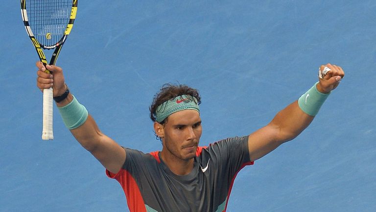 Spain's Rafael Nadal celebrates after victory in his men's singles match against Japan's Kei Nishikori on day eight of the 2014 Australian Open tennis tour