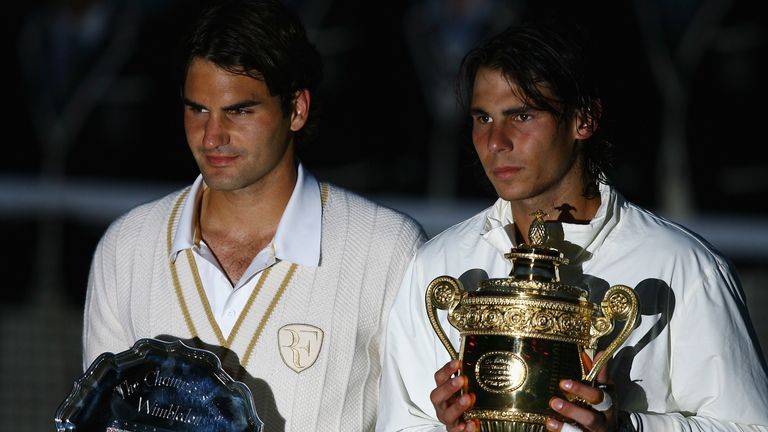 Rafael Nadal and Roger Federer at Wimbledon. Jul 06 2008.
