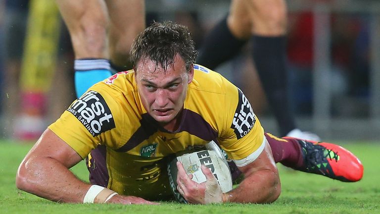 Nick Slyney of the Brisbane Broncos scores a try during the round five NRL match against Gold Coast Titans. Apr 05 2013.
