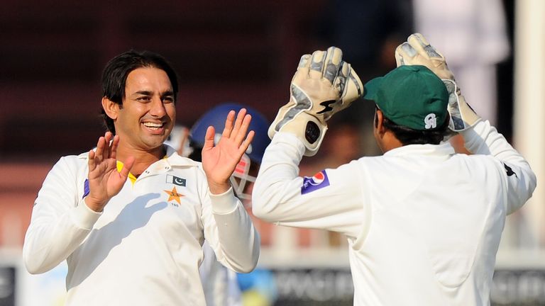 Saeed Ajmal celebrates a wicket during day one of third Test between Pakistan and Sri Lanka in Sharjah. Jan 16 2014.