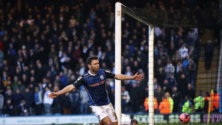 Scott Hogan of Rochdale celebrates his goal during the FA Cup third round match between Rochdale and Leeds United
