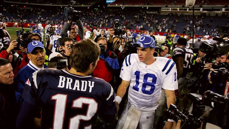 Tom Brady and Peyton Manning shake hands after Indianapolis Colts beat New England Patriots. Gillette Stadium, Foxborough. Nov 7 2005.