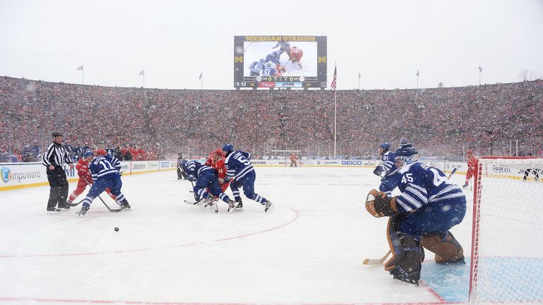 Goaltender Jonathan Bernier #45 of the Toronto Maple Leafs defends the net in the Winter Classic