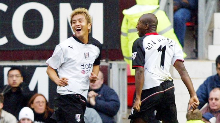 Fulham's Junichi Inamoto (left) celebrates scoring the third goal against Manchester United, during their Barclaycard Premiership match at Old Trafford, Ma