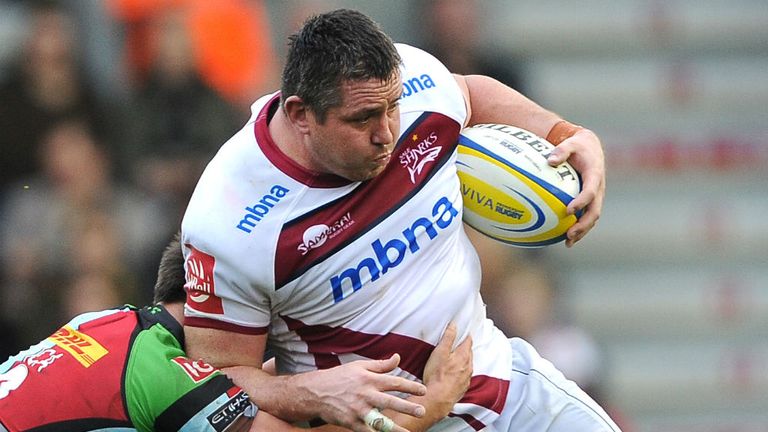 - Eifion Lewis-Roberts of Sale looks to break the tackle from Ben Botica of Harlequins during the Aviva Premiership Rugby match between Harlequins and Sale Sharks