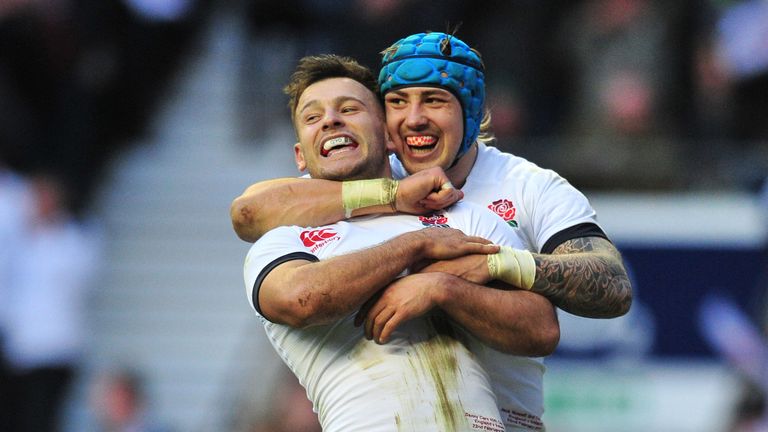 England scrum-half Danny Care celebrates his try with wing Jack Nowell