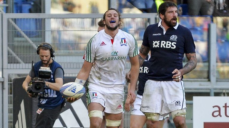  - Italys lock Joshua Furno C celebrates after scoring a try during the Six Nations International rugby union match between Italy and Scotland