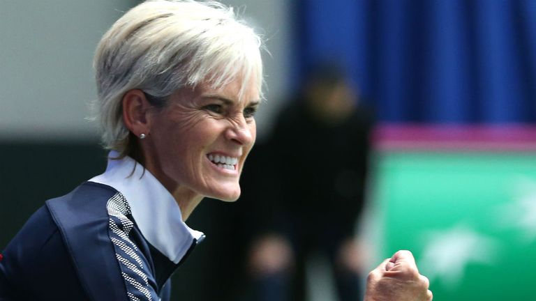 - Great Britain team captain Judy Murray reacts during the match between Heather Watson of Great Britain and Sorana Cirstea of Romania
