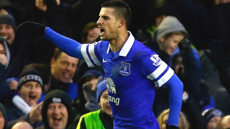 - Kevin Mirallas of Everton celebrates after scoring a goal during the Premier League match between Everton and Aston Villa at Goodison Park