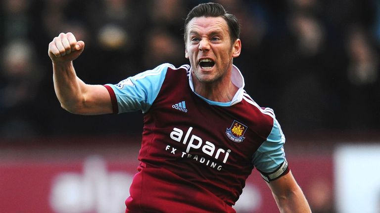 - Kevin Nolan of West Ham United celebrates as he scores their first goal during the Premier League match between West Ham United and Swansea City