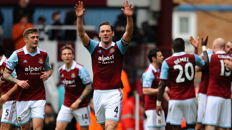 - Kevin Nolan of West Ham United C celebrates as he scores their second goal during the Premier League match between West Ham United and Swansea City