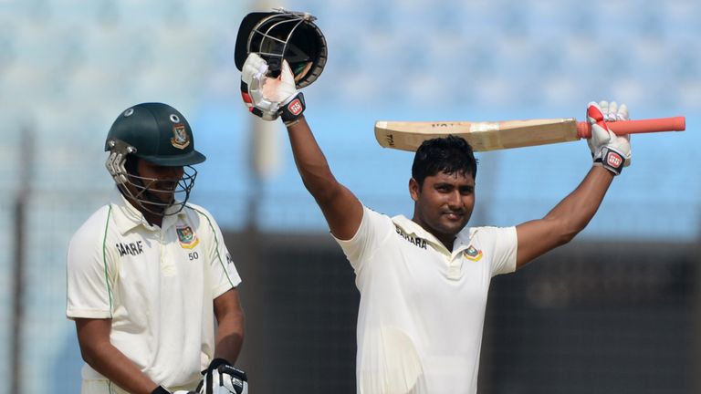 Bangladesh batsman Imrul Kayes reacts after scoring a century as team-mate Shamsur Rahman looks on during day three of the second Test against Sri Lanka
