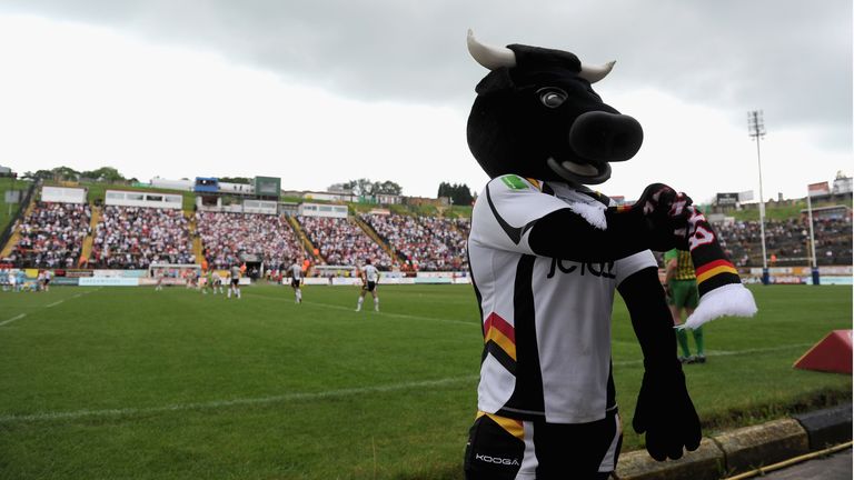 Bradford Bulls mascot Bullboy watches play during a Super League match at the Providen Stadium, Odsal
