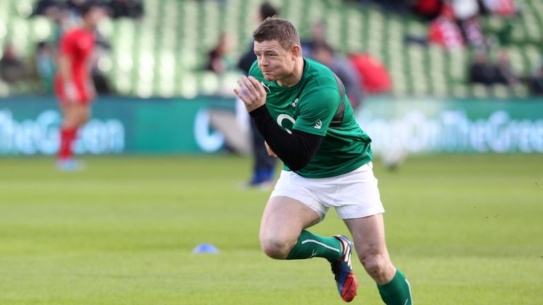 Ireland centre Brian O'Driscoll warms up ahead of the Six Nations clash against Wales at the Aviva Stadium in Dublin 