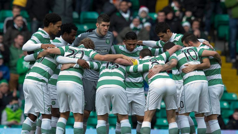 Celtic goalkeeper Fraser Forster joins the Celtic huddle during the Scottish Premiership match at Celtic Park, Glasgow.