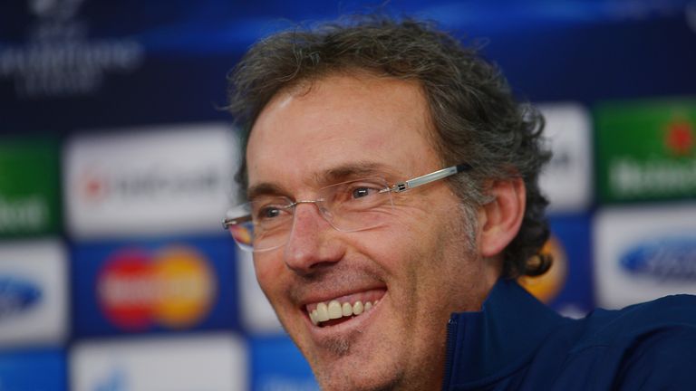 Laurent Blanc during a press conference ahead of the UEFA Champions League match between Bayer Leverkusen and Paris Saint-Germain