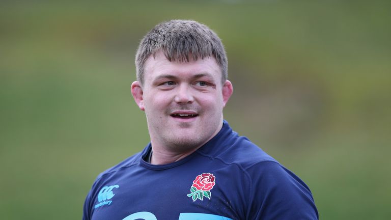 David Wilson, the England prop, looks on during the England training session held at Pennyhill Park on February 17, 2014.