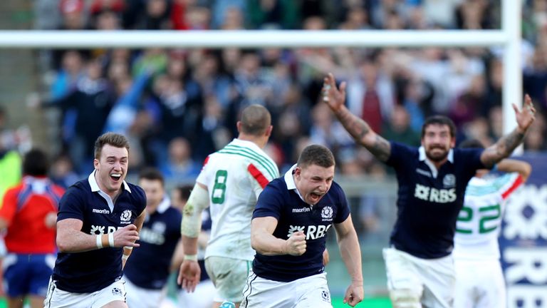 Duncan Weir of Scotland celebrates after scoring the winning drop goal during the Six Nations match against Italy in Rome. Feb 22 2014.