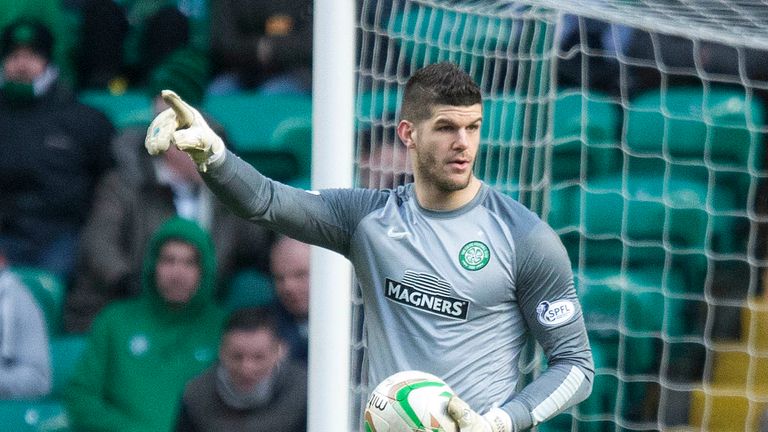 Celtic goalkeeper Fraser Forster on way to breaking Celtic record of clean sheets during the Scottish Premier League match at Celtic Park, Glasgow.