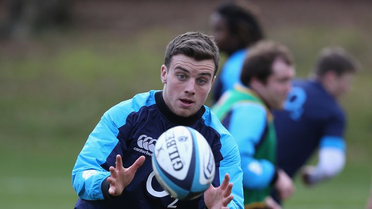 George Ford catches the ball during an England training session held at Pennyhill Park