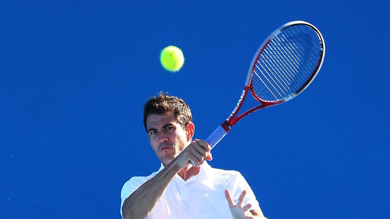 Guillermo Garcia-Lopez in doubles action at the Australian Open. Jan 16 2013.